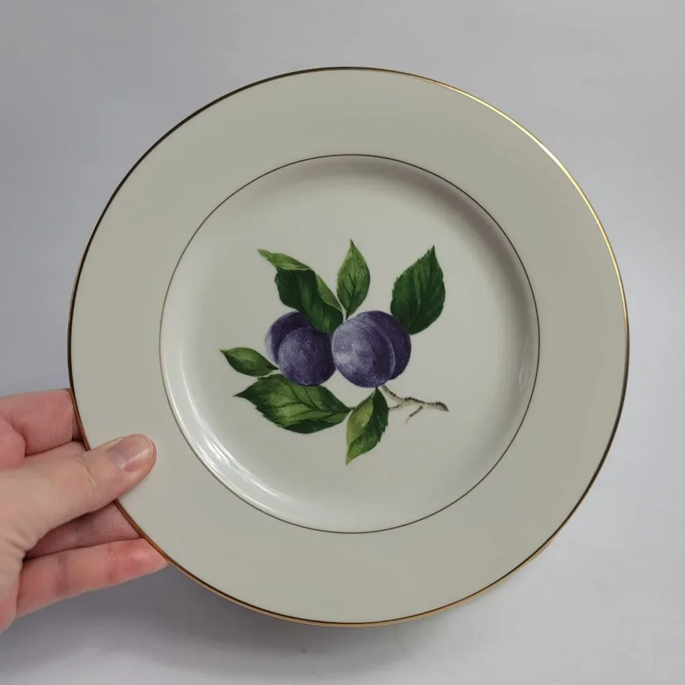 TWO Mikasa Plum Court L3132 Salad Plates White with Purple Plums & Green Leaves